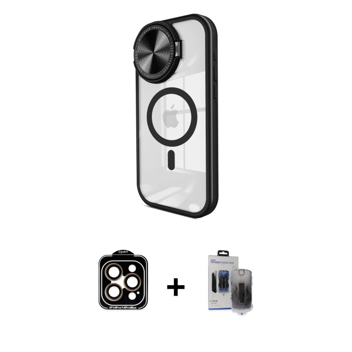 MARSİLYAN™- iPhone 15 Pro Max Kılıf Kıvılcım Modern Koleksiyonu - Siyah Vanessa Magic Hayalet Cam + PVD Metal Kamera Lens - TU
