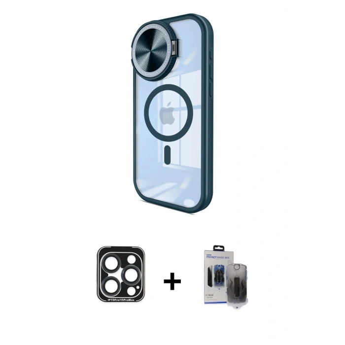 MARSİLYAN™- iPhone 15 Pro Max Kılıf Kıvılcım Modern Koleksiyonu - Siyah Vanessa Magic Hayalet Cam + PVD Metal Kamera Lens - LT