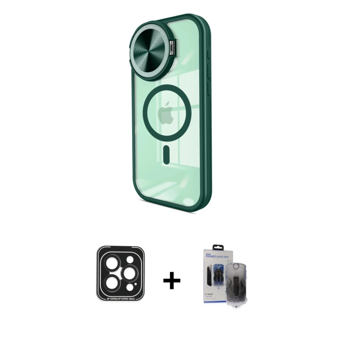 MARSİLYAN™- iPhone 15 Pro Max Kılıf Kıvılcım Modern Koleksiyonu - Siyah Vanessa Magic Hayalet Cam + PVD Metal Kamera Lens - SH