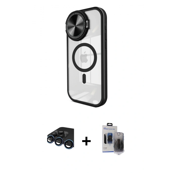 MARSİLYAN™- iPhone 15 Pro Max Kılıf Kıvılcım Modern Koleksiyonu - Siyah Vanessa Magic Hayalet Cam + Raze Metal Kamera Lens - LT