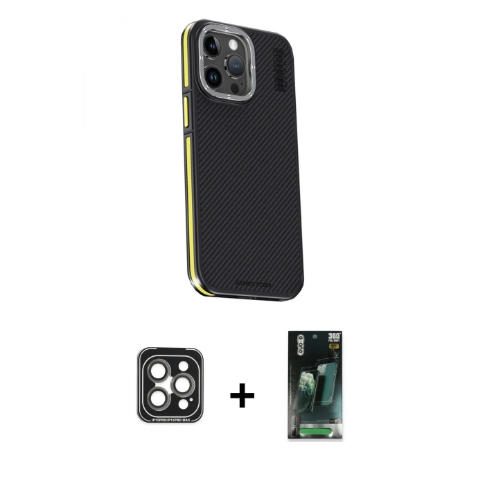 MARSİLYAN™- iPhone 15 Pro Max Kılıf Kıvılcım Modern Özel Seri - Şeffaf 360 Full Body Arka Koruyucu + PVD Metal Kamera Lens - GI