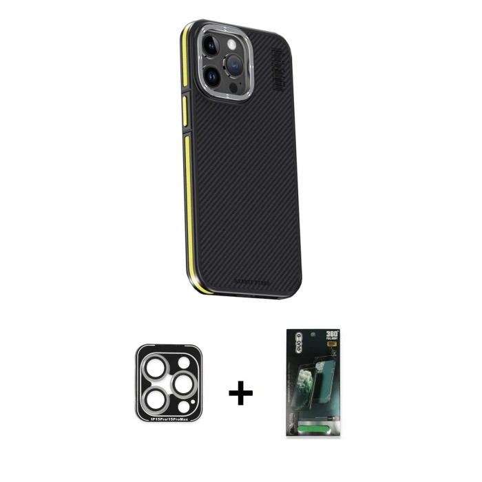 MARSİLYAN™- iPhone 15 Pro Max Kılıf Kıvılcım Modern Özel Seri - Şeffaf 360 Full Body Arka Koruyucu + PVD Metal Kamera Lens - GS