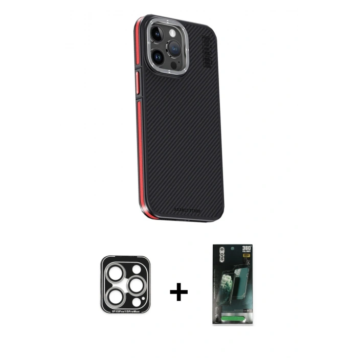 MARSİLYAN™- iPhone 15 Pro Max Kılıf Kıvılcım Modern Özel Seri - Şeffaf 360 Full Body Arka Koruyucu + PVD Metal Kamera Lens - GS