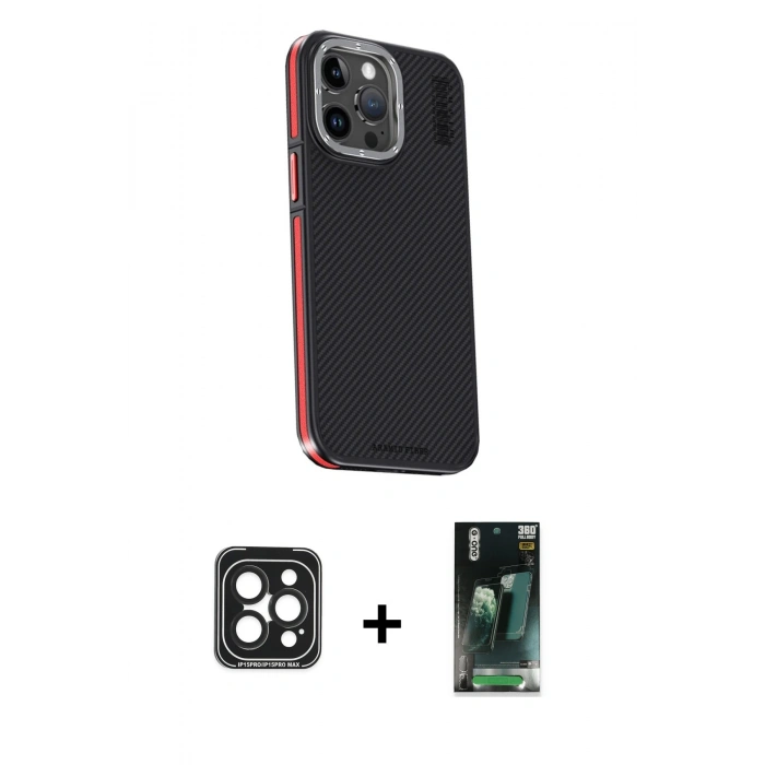 MARSİLYAN™- iPhone 15 Pro Max Kılıf Kıvılcım Modern Özel Seri - Şeffaf 360 Full Body Arka Koruyucu + Siyah PVD Metal Kamera Lens