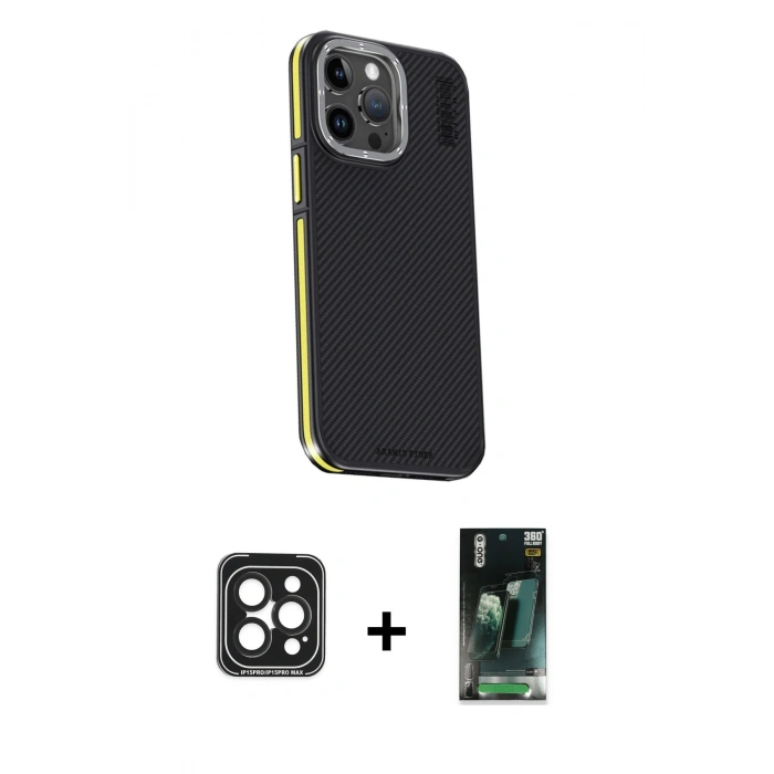 MARSİLYAN™- iPhone 15 Pro Max Kılıf Kıvılcım Modern Özel Seri - Şeffaf 360 Full Body Arka Koruyucu + Siyah PVD Metal Kamera Lens