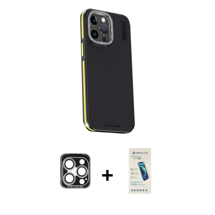 MARSİLYAN™- iPhone 15 Pro Max Kılıf Kıvılcım Modern Özel Seri - Şeffaf Pasifik Cam Ekran Koruyucu + PVD Metal Kamera Lens - GS