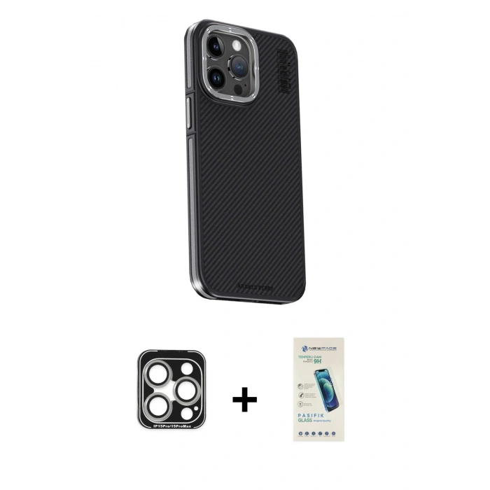 MARSİLYAN™- iPhone 15 Pro Max Kılıf Kıvılcım Modern Özel Seri - Şeffaf Pasifik Cam Ekran Koruyucu + PVD Metal Kamera Lens - GS
