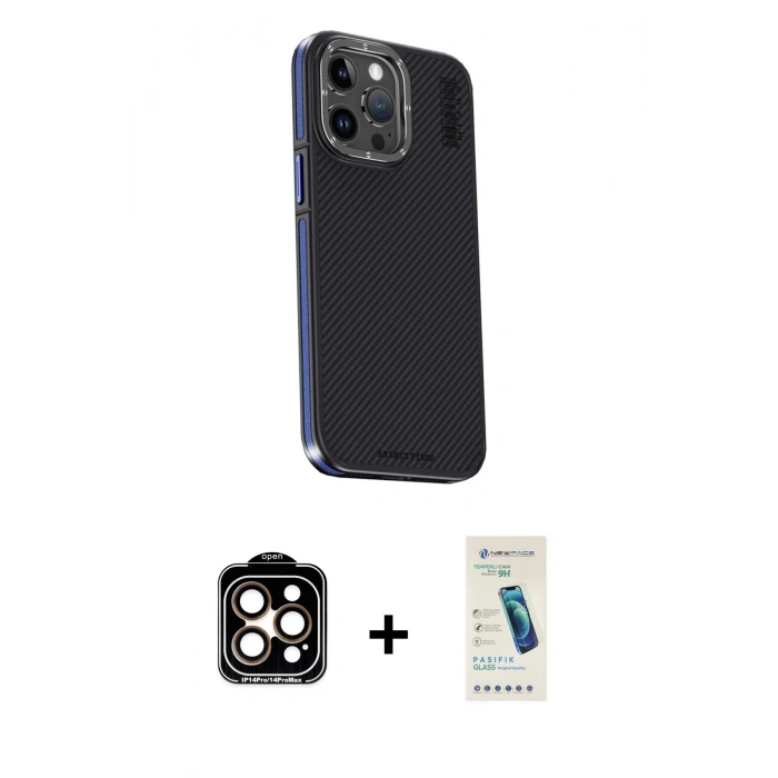 MARSİLYAN™- iPhone 15 Pro Max Kılıf Kıvılcım Modern Özel Seri - Şeffaf Pasifik Cam Ekran Koruyucu + PVD Metal Kamera Lens - TU
