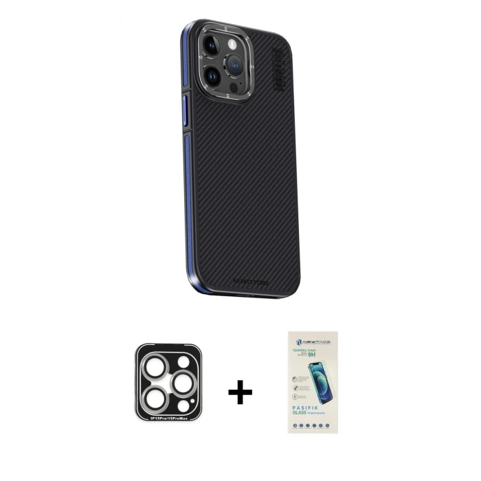 MARSİLYAN™- iPhone 15 Pro Max Kılıf Kıvılcım Modern Özel Seri - Şeffaf Pasifik Cam Ekran Koruyucu + PVD Metal Kamera Lens - GS