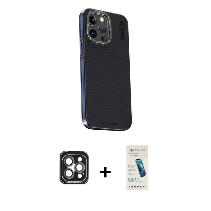MARSİLYAN™- iPhone 15 Pro Max Kılıf Kıvılcım Modern Özel Seri - Şeffaf Pasifik Cam Ekran Koruyucu + PVD Metal Kamera Lens - GI