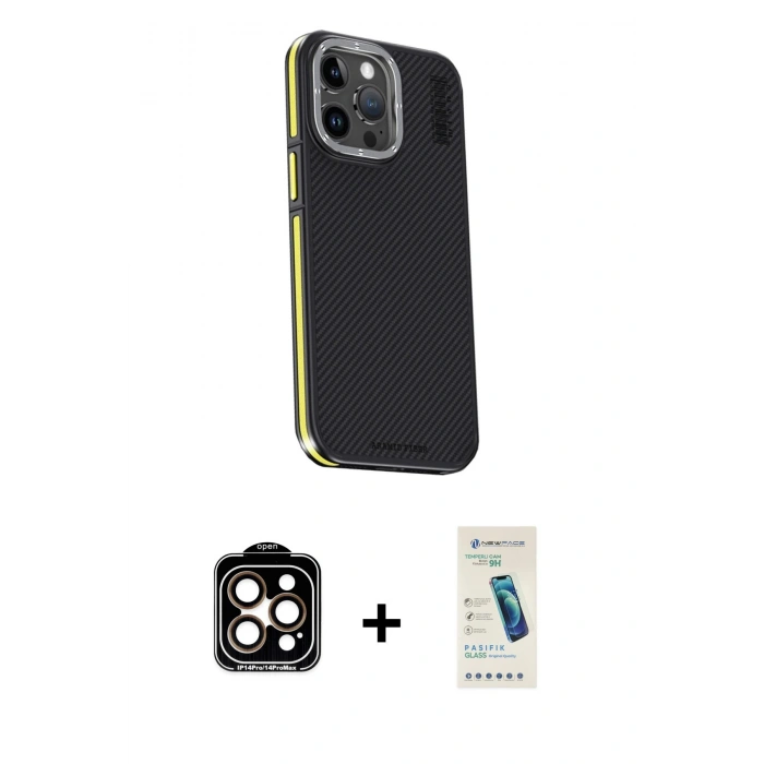 MARSİLYAN™- iPhone 15 Pro Max Kılıf Kıvılcım Modern Özel Seri - Şeffaf Pasifik Cam Ekran Koruyucu + PVD Metal Kamera Lens - TU