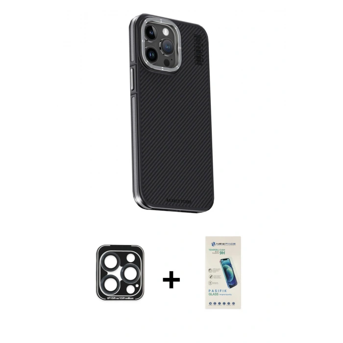 MARSİLYAN™- iPhone 15 Pro Max Kılıf Kıvılcım Modern Özel Seri - Şeffaf Pasifik Cam Ekran Koruyucu + PVD Metal Kamera Lens - LT