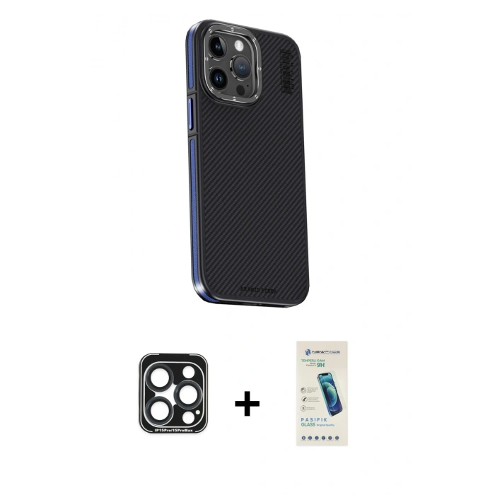MARSİLYAN™- iPhone 15 Pro Max Kılıf Kıvılcım Modern Özel Seri - Şeffaf Pasifik Cam Ekran Koruyucu + PVD Metal Kamera Lens - LT