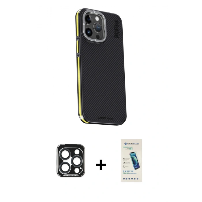 MARSİLYAN™- iPhone 15 Pro Max Kılıf Kıvılcım Modern Özel Seri - Şeffaf Pasifik Cam Ekran Koruyucu + PVD Metal Kamera Lens - LT
