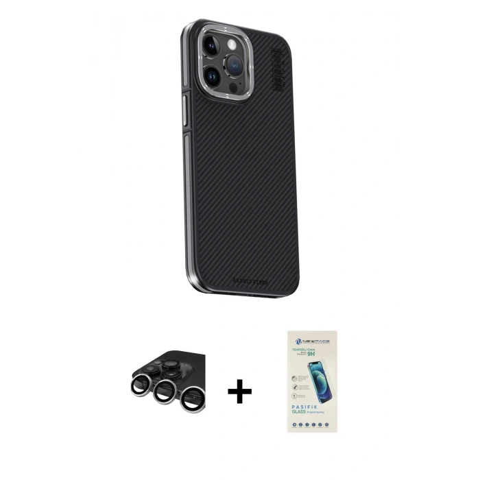MARSİLYAN™- iPhone 15 Pro Max Kılıf Kıvılcım Modern Özel Seri - Şeffaf Pasifik Cam Ekran Koruyucu + Raze Metal Kamera Lens - GS