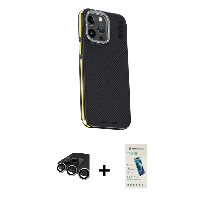 MARSİLYAN™- iPhone 15 Pro Max Kılıf Kıvılcım Modern Özel Seri - Şeffaf Pasifik Cam Ekran Koruyucu + Raze Metal Kamera Lens - GS