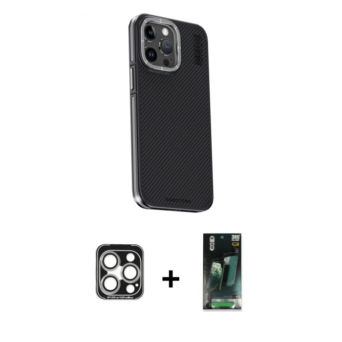 MARSİLYAN™- iPhone 15 Pro Max Kılıf Kıvılcım Modern Özel Seri - Siyah 360 Mat Full Body Arka Koruyucu + PVD Metal Kamera Lens - GS