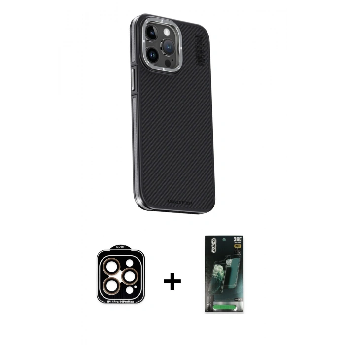 MARSİLYAN™- iPhone 15 Pro Max Kılıf Kıvılcım Modern Özel Seri - Siyah 360 Mat Full Body Arka Koruyucu + PVD Metal Kamera Lens - TU