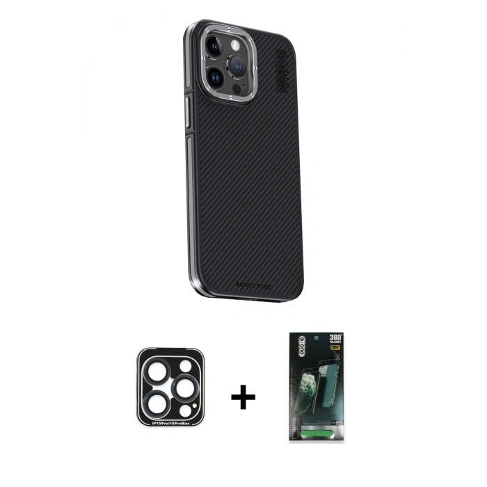 MARSİLYAN™- iPhone 15 Pro Max Kılıf Kıvılcım Modern Özel Seri - Siyah 360 Mat Full Body Arka Koruyucu + PVD Metal Kamera Lens - LT