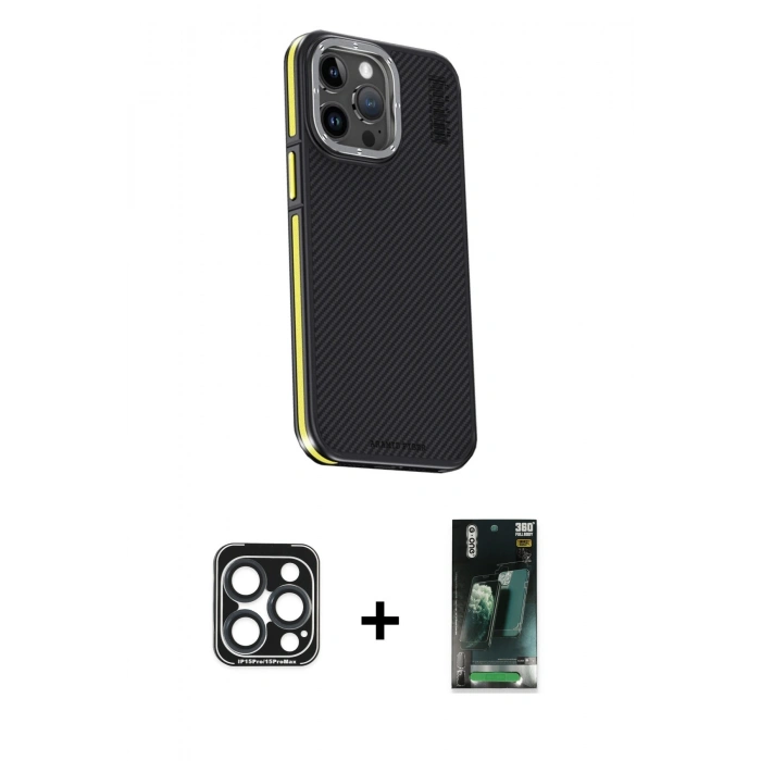 MARSİLYAN™- iPhone 15 Pro Max Kılıf Kıvılcım Modern Özel Seri - Siyah 360 Mat Full Body Arka Koruyucu + PVD Metal Kamera Lens - LT