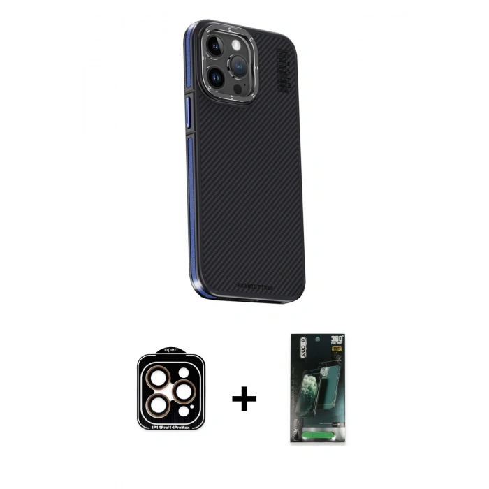 MARSİLYAN™- iPhone 15 Pro Max Kılıf Kıvılcım Modern Özel Seri - Siyah 360 Mat Full Body Arka Koruyucu + PVD Metal Kamera Lens - TU