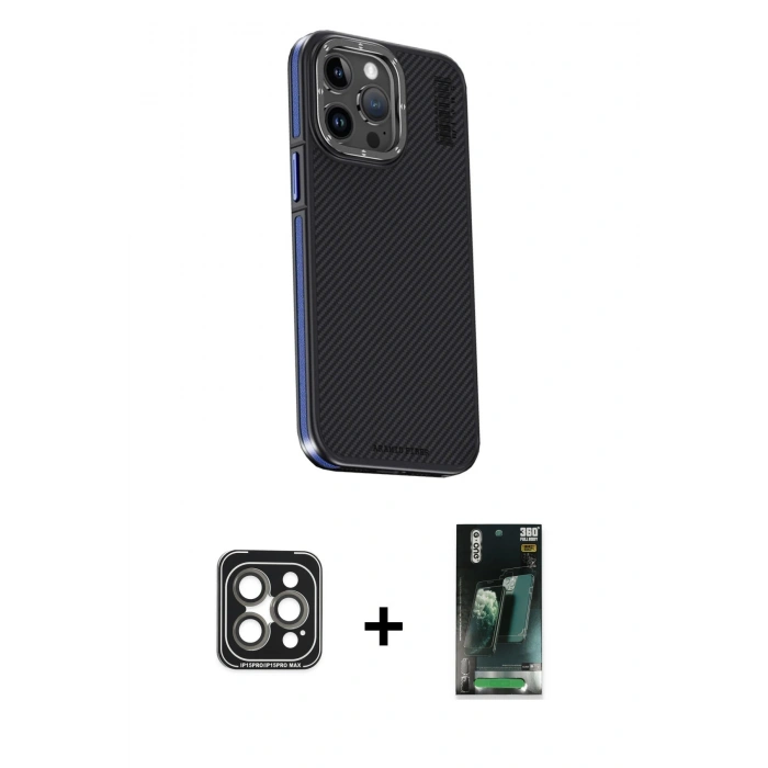 MARSİLYAN™- iPhone 15 Pro Max Kılıf Kıvılcım Modern Özel Seri - Siyah 360 Mat Full Body Arka Koruyucu + PVD Metal Kamera Lens - GI