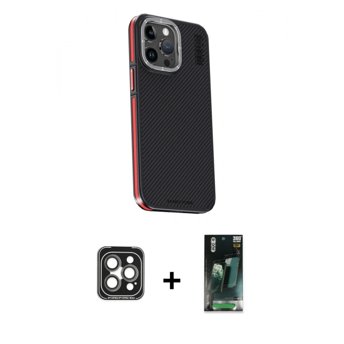 MARSİLYAN™- iPhone 15 Pro Max Kılıf Kıvılcım Modern Özel Seri - Siyah 360 Mat Full Body Arka Koruyucu + PVD Metal Kamera Lens - GI