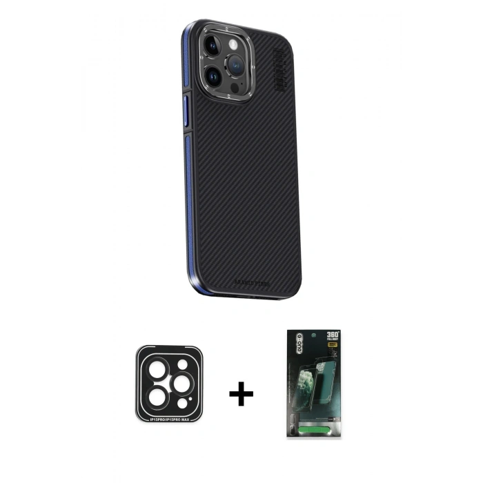 MARSİLYAN™- iPhone 15 Pro Max Kılıf Kıvılcım Modern Özel Seri - Siyah 360 Mat Full Body Arka Koruyucu + PVD Metal Kamera Lens - SH