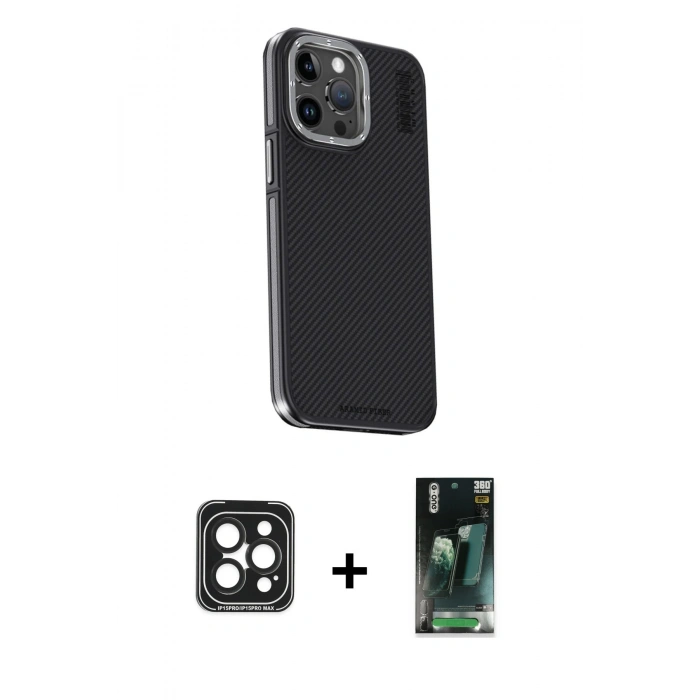 MARSİLYAN™- iPhone 15 Pro Max Kılıf Kıvılcım Modern Özel Seri - Siyah 360 Mat Full Body Arka Koruyucu + PVD Metal Kamera Lens - SH