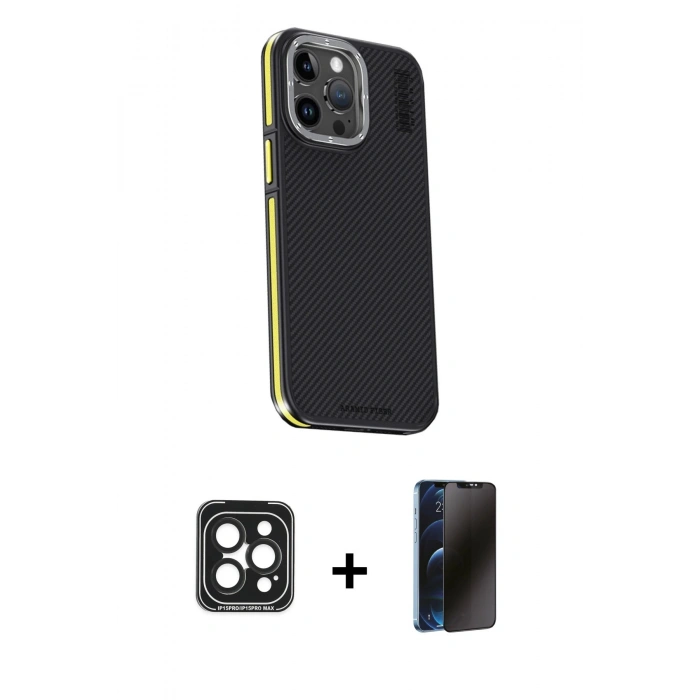 MARSİLYAN™- iPhone 15 Pro Max Kılıf Kıvılcım Modern Özel Seri - Siyah 3D Antistatik Hayalet Cam Ekran Koruyucu + PVD Metal Kamera Lens - SH