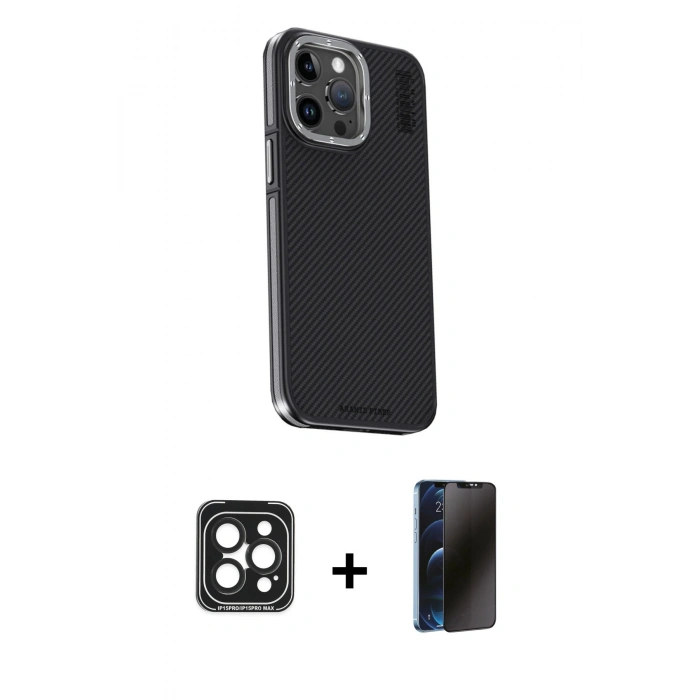 MARSİLYAN™- iPhone 15 Pro Max Kılıf Kıvılcım Modern Özel Seri - Siyah 3D Antistatik Hayalet Cam Ekran Koruyucu + PVD Metal Kamera Lens - SH