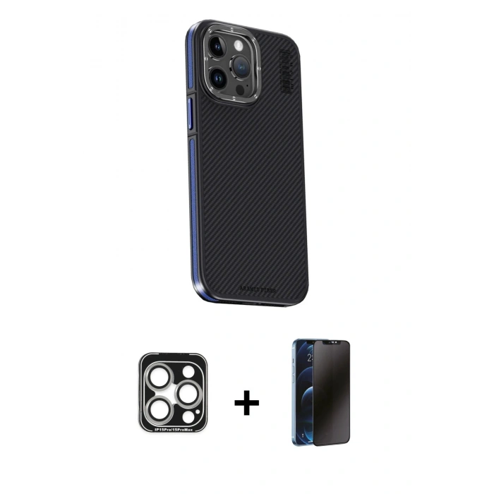 MARSİLYAN™- iPhone 15 Pro Max Kılıf Kıvılcım Modern Özel Seri - Siyah 3D Antistatik Hayalet Cam Ekran Koruyucu + PVD Metal Kamera Lens - GS
