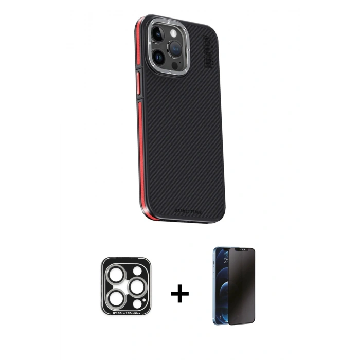 MARSİLYAN™- iPhone 15 Pro Max Kılıf Kıvılcım Modern Özel Seri - Siyah 3D Antistatik Hayalet Cam Ekran Koruyucu + PVD Metal Kamera Lens - GS