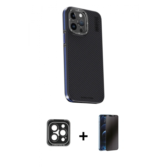 MARSİLYAN™- iPhone 15 Pro Max Kılıf Kıvılcım Modern Özel Seri - Siyah 3D Antistatik Hayalet Cam Ekran Koruyucu + PVD Metal Kamera Lens - SH