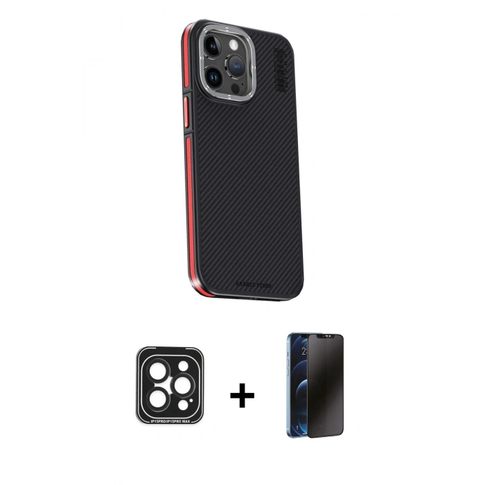 MARSİLYAN™- iPhone 15 Pro Max Kılıf Kıvılcım Modern Özel Seri - Siyah 3D Antistatik Hayalet Cam Ekran Koruyucu + PVD Metal Kamera Lens - SH