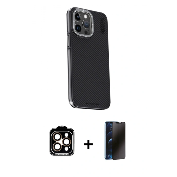 MARSİLYAN™- iPhone 15 Pro Max Kılıf Kıvılcım Modern Özel Seri - Siyah 3D Antistatik Hayalet Cam Ekran Koruyucu + PVD Metal Kamera Lens - TU