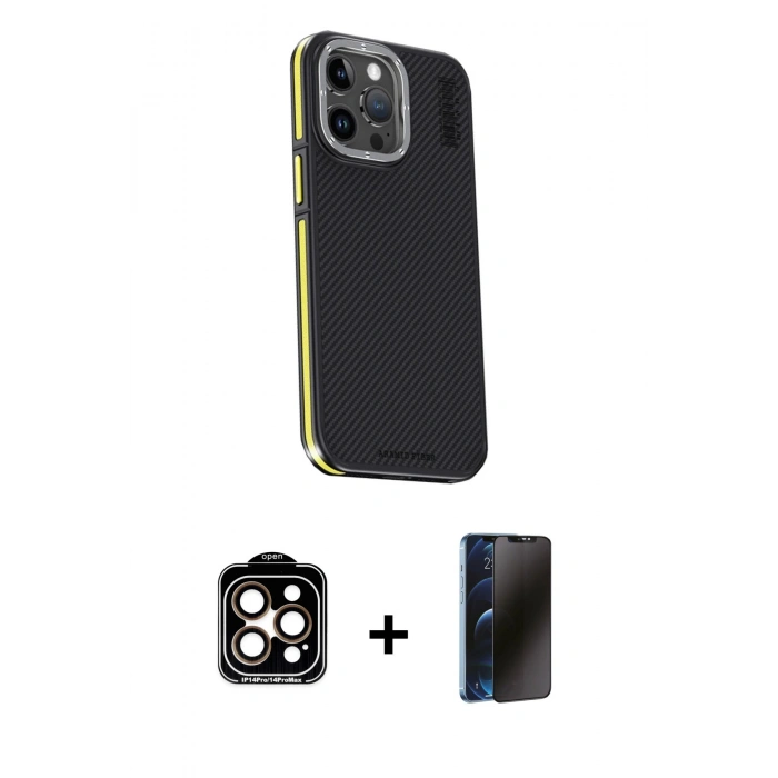 MARSİLYAN™- iPhone 15 Pro Max Kılıf Kıvılcım Modern Özel Seri - Siyah 3D Antistatik Hayalet Cam Ekran Koruyucu + PVD Metal Kamera Lens - TU