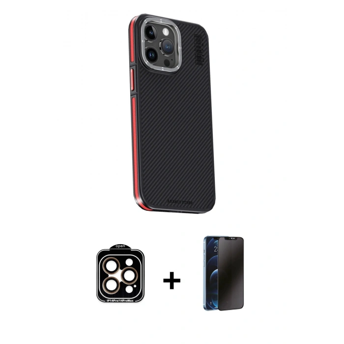 MARSİLYAN™- iPhone 15 Pro Max Kılıf Kıvılcım Modern Özel Seri - Siyah 3D Antistatik Hayalet Cam Ekran Koruyucu + PVD Metal Kamera Lens - TU