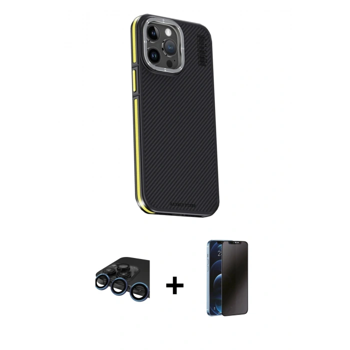MARSİLYAN™- iPhone 15 Pro Max Kılıf Kıvılcım Modern Özel Seri - Siyah 3D Antistatik Hayalet Cam Ekran Koruyucu + Raze Metal Kamera Lens - LT