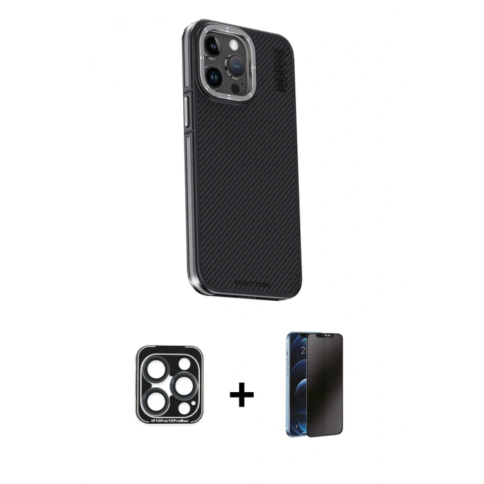 MARSİLYAN™- iPhone 15 Pro Max Kılıf Kıvılcım Modern Özel Seri - Siyah 3D Antistatik Hayalet Cam Ekran Koruyucu + PVD Metal Kamera Lens - LT