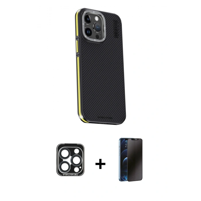 MARSİLYAN™- iPhone 15 Pro Max Kılıf Kıvılcım Modern Özel Seri - Siyah 3D Antistatik Hayalet Cam Ekran Koruyucu + PVD Metal Kamera Lens - LT