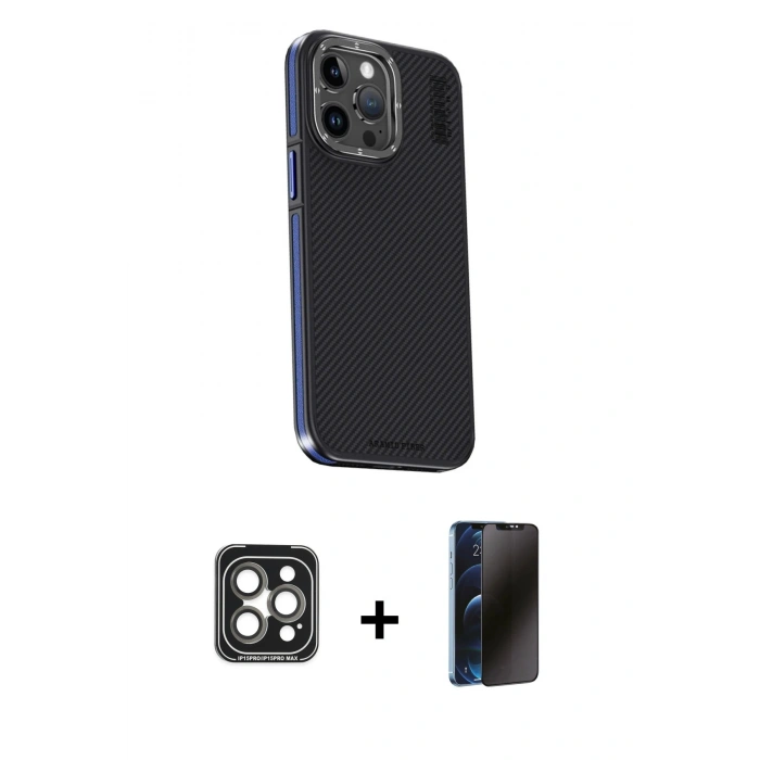 MARSİLYAN™- iPhone 15 Pro Max Kılıf Kıvılcım Modern Özel Seri - Siyah 3D Antistatik Hayalet Cam Ekran Koruyucu + PVD Metal Kamera Lens - GI