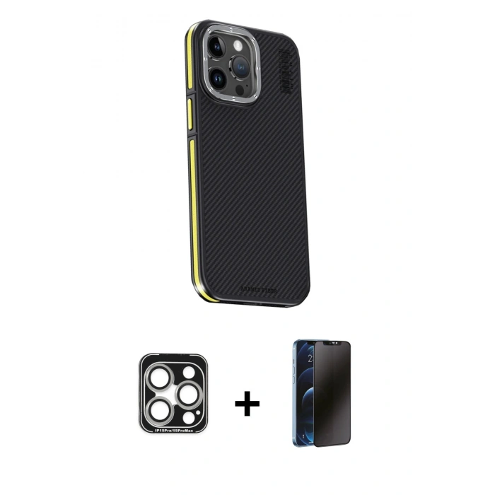 MARSİLYAN™- iPhone 15 Pro Max Kılıf Kıvılcım Modern Özel Seri - Siyah 3D Antistatik Hayalet Cam Ekran Koruyucu + PVD Metal Kamera Lens - GS