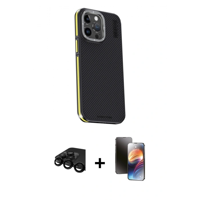 MARSİLYAN™- iPhone 15 Pro Max Kılıf Kıvılcım Modern Özel Seri - Siyah 3D Antistatik Mat Seramik Nano Ekran Koruyucu + Raze Metal Kamera Lens - SH