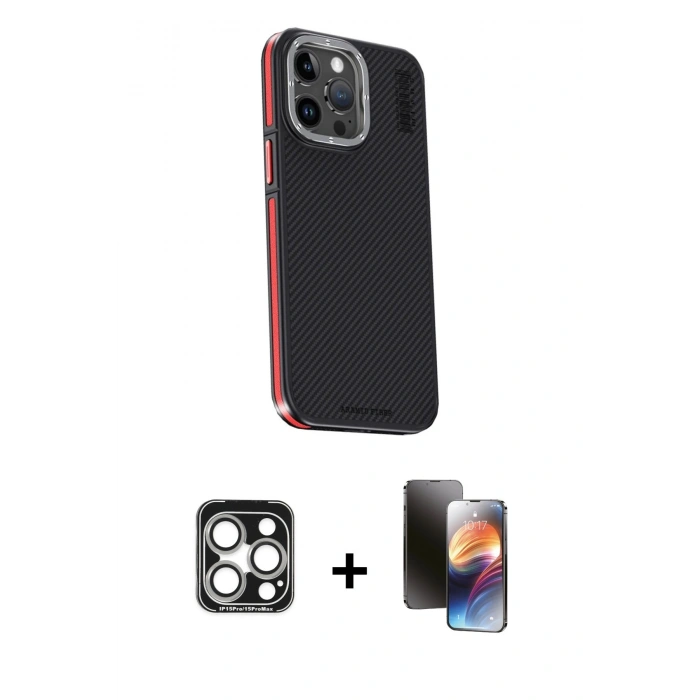 MARSİLYAN™- iPhone 15 Pro Max Kılıf Kıvılcım Modern Özel Seri - Siyah 3D Antistatik Mat Seramik Nano Ekran Koruyucu + PVD Metal Kamera Lens - GS