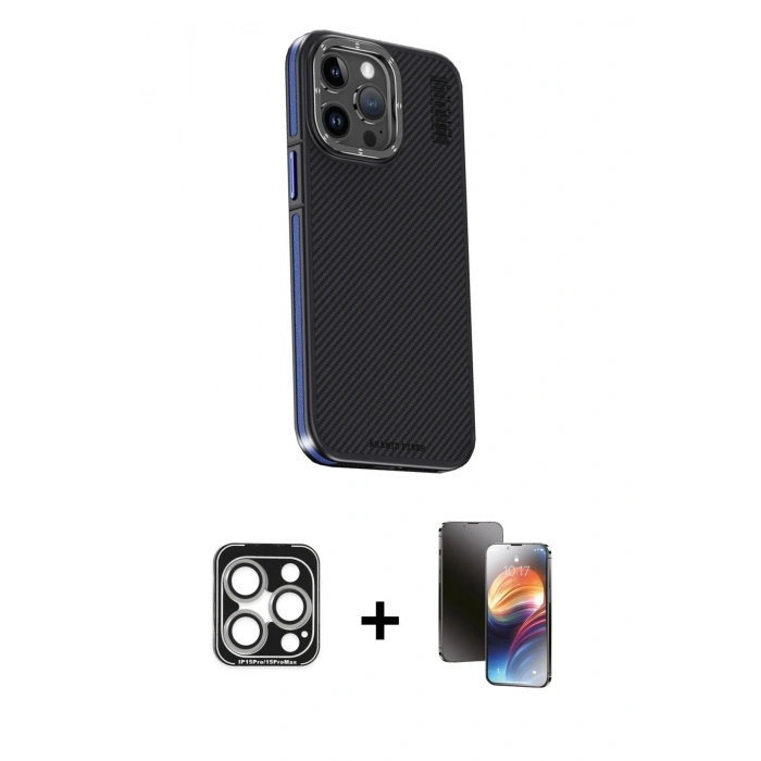 MARSİLYAN™- iPhone 15 Pro Max Kılıf Kıvılcım Modern Özel Seri - Siyah 3D Antistatik Mat Seramik Nano Ekran Koruyucu + PVD Metal Kamera Lens - GS