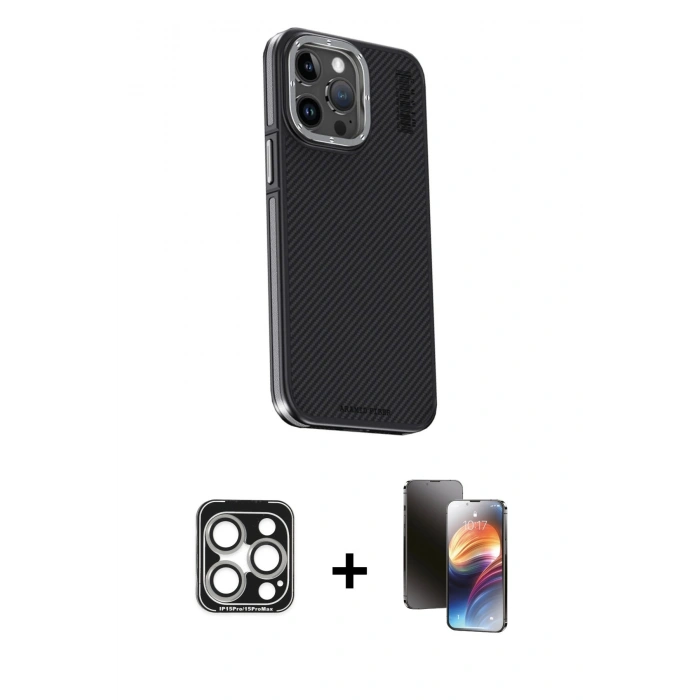 MARSİLYAN™- iPhone 15 Pro Max Kılıf Kıvılcım Modern Özel Seri - Siyah 3D Antistatik Mat Seramik Nano Ekran Koruyucu + PVD Metal Kamera Lens - GS