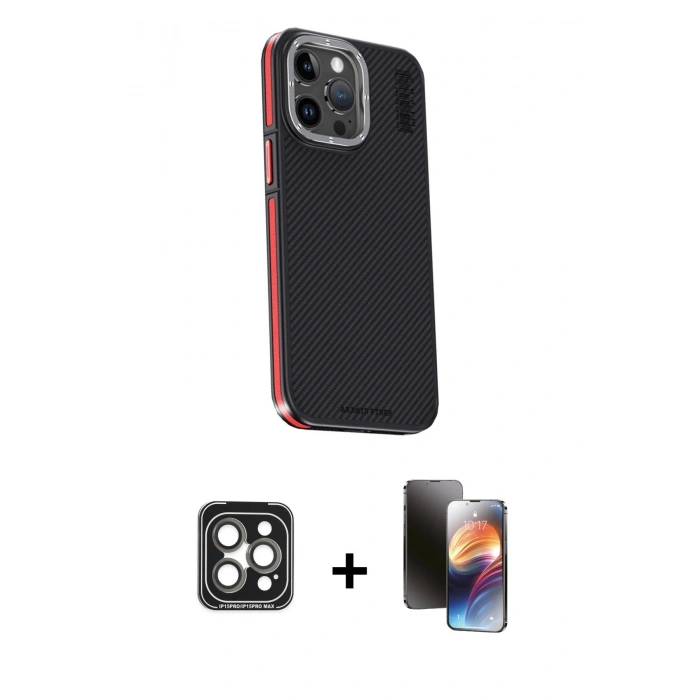 MARSİLYAN™- iPhone 15 Pro Max Kılıf Kıvılcım Modern Özel Seri - Siyah 3D Antistatik Mat Seramik Nano Ekran Koruyucu + PVD Metal Kamera Lens - GI