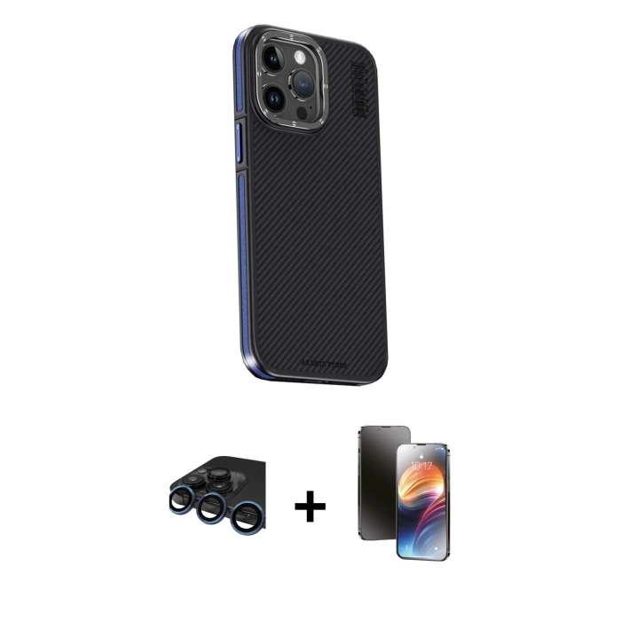 MARSİLYAN™- iPhone 15 Pro Max Kılıf Kıvılcım Modern Özel Seri - Siyah 3D Antistatik Mat Seramik Nano Ekran Koruyucu + Raze Metal Kamera Lens - LT