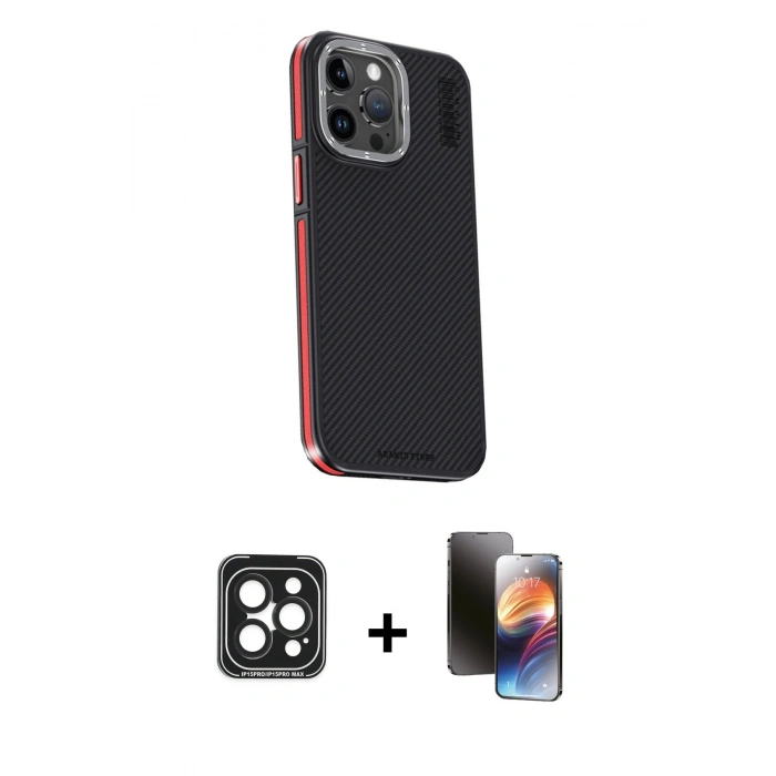 MARSİLYAN™- iPhone 15 Pro Max Kılıf Kıvılcım Modern Özel Seri - Siyah 3D Antistatik Mat Seramik Nano Ekran Koruyucu + PVD Metal Kamera Lens - SH